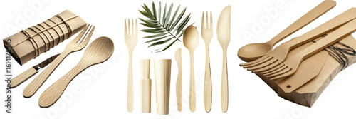 Collage of eco-friendly wooden disposable tableware and cutlery, with palm leaf, transparent background