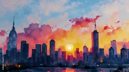 Stunning cityscape silhouette at sunset with vibrant colors reflecting on the water, a dynamic urban scene perfect for travel promos