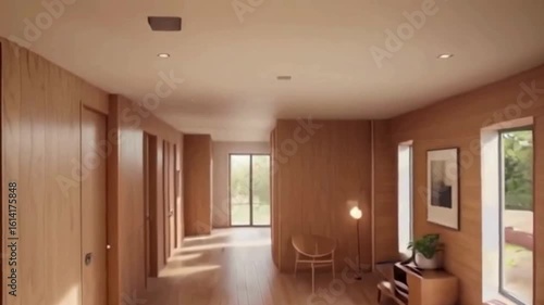 Modern wood paneled hallway with natural light and minimalist furniture creating a serene and inviting atmosphere for interior design inspiration