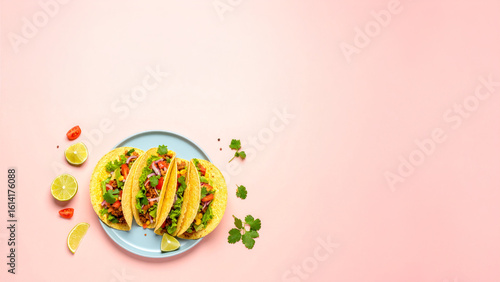 Modern carousel-style layout featuring Mexican tacos, soft pastel background, clean plate, and modular grid for adding price, CTA, and ingredients. Minimal shadows, vibrant food colors
