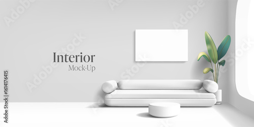 White interior mockup, 3D. Modern room design with sofa, blank picture on the wall, plant, and coffee table. For interior concepts. Vector illustration.