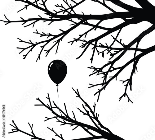 Lost Balloon in Tree Branches Silhouette Vector