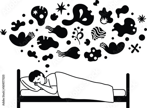 Flat Vector of Sleeping Person with Abstract Dream Symbols