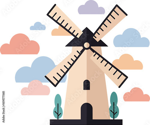 Flat Vector Stylized Windmill with Abstract Clouds