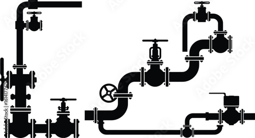Minimalist Flat Vector Industrial Valves and Pipes Silhouette