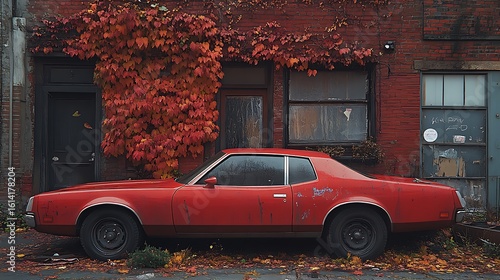Red vintage car parked beside brick building with autumn leaves