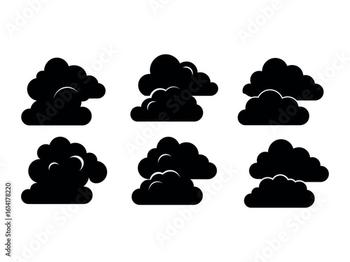 Black Cloud Icons Set Simple Design. Set of clouds silhouette isolated on white background. Graphic weather sky cloud collection. Vector illustration. 
