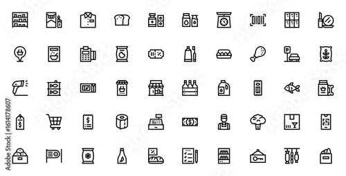 Supermarket icon set. Minimal vector shopping icons pack. Includes stock, milk, cart, barcode, cashier, vegetables, frozen goods, coupons and more. Editable stroke.