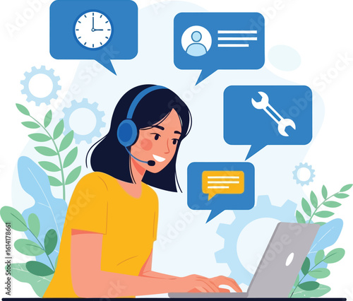Customer service representative with headset and laptop assisting clients
