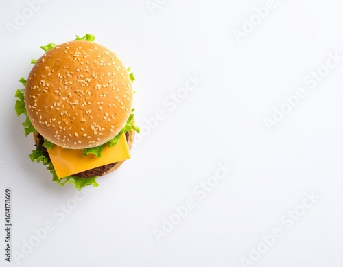 Wallpaper Mural Top-down view of a gourmet American cheeseburger with melted cheese, lettuce, and tomato on a white ceramic plate. Minimalist background, clean white setting, soft shadows, square layout, space on top Torontodigital.ca
