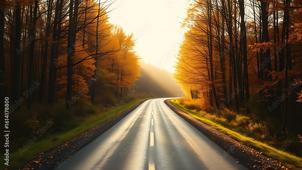 Fototapeta premium A forked road cutting through an autumn forest bathed in golden light, representing choices and transitions.