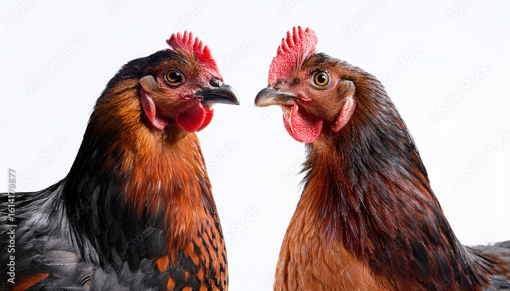 Naklejka premium the brown and black chickens in a close up portrait on a clean background