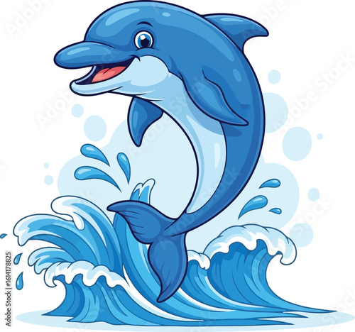 Happy cartoon dolphin jumping out of blue ocean waves