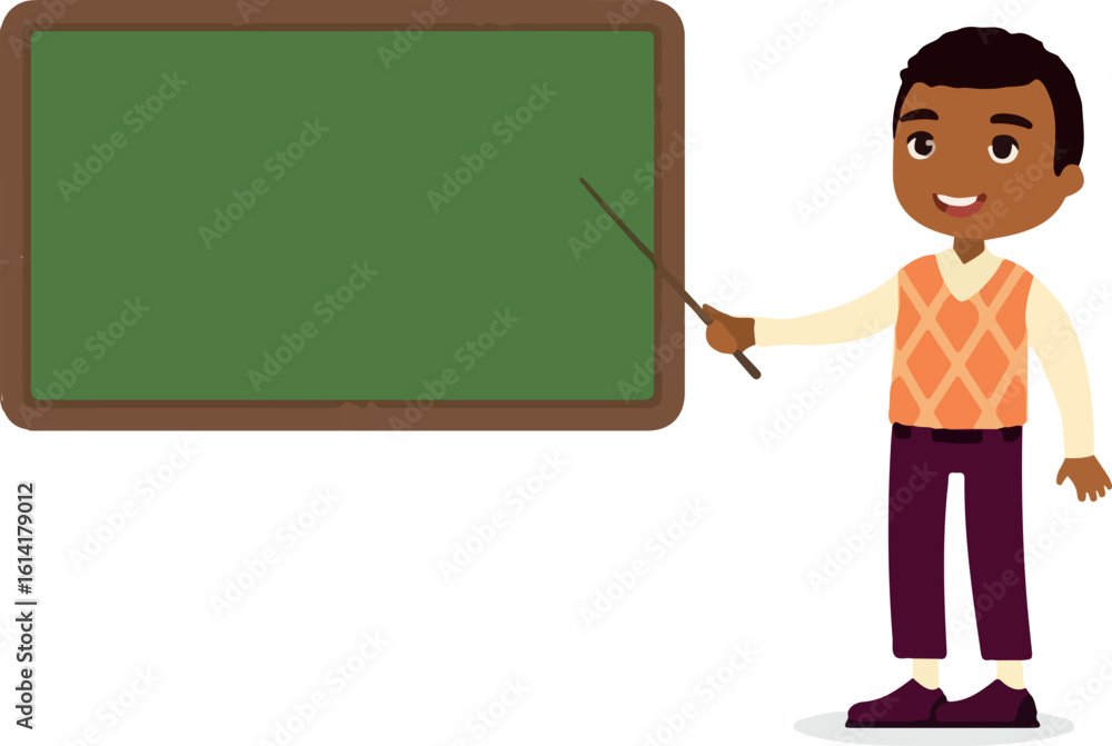 Indian male teacher standing near blackboard flat vector illustration. Smiling tutor pointing at blank chalkboard in classroom cartoon character. Educational process. School lesson Indian male teacher standing near blackboard flat vector illustration. Smiling tutor pointing at blank chalkboard in classroom cartoon character. Educational process. School lesson