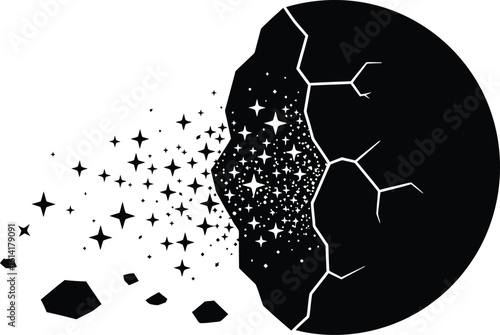 Surreal Cracked Moon Egg with Spilling Stars - Minimalist Vector Art