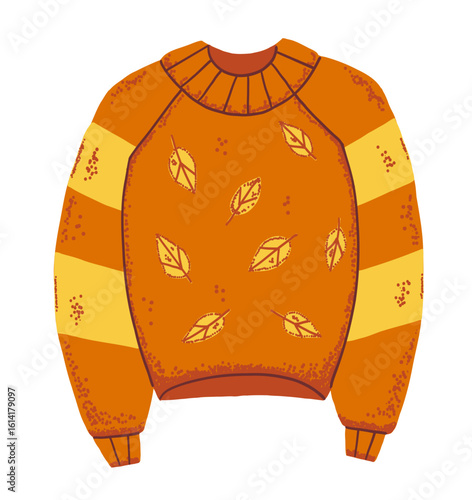 Ugly autumn sweater with leaves pattern for woman or kid. Cozy jumper for fall season in flat style