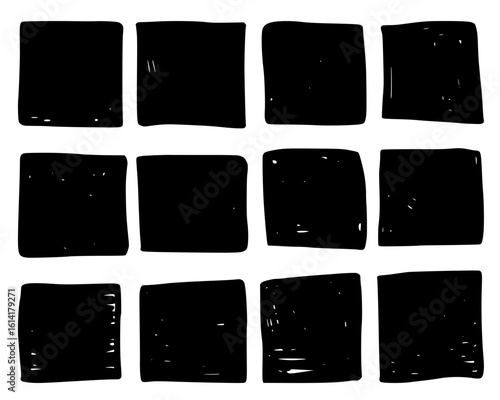 Table of 12 black jagged curved sloppy squares, hand drawn and decorated with rough texture of 4 columns and 3 rows. Vector illustration of backgrounds, blank templates for text, pictures.