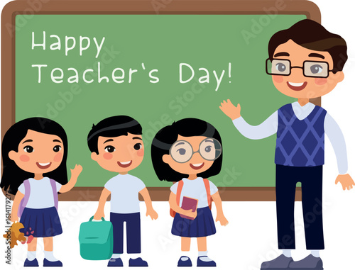 International teachers day congratulation flat vector illustration. Schoolchildren congratulate teacher cartoon characters. Cheerful classmates standing near blackboard. Greeting on school chalkboard