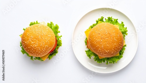 Top-down view of a gourmet American cheeseburger with melted cheese, lettuce, and tomato on a white ceramic plate. Minimalist background, clean white setting, soft shadows, square layout, space on top