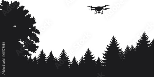 Silhouette Drone Over Forest Canopy Flat Design Vector