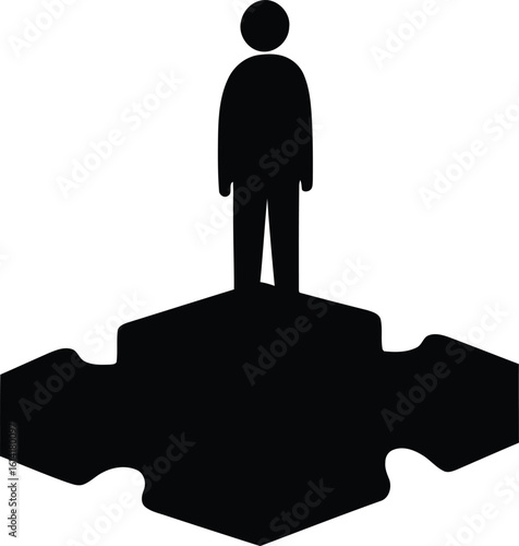 Flat Vector Silhouette of Person on Floating Puzzle Piece - Individuality and Isolation