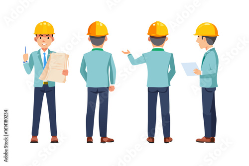 Construction worker character set showing different poses and views