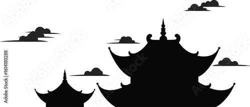 Minimalist Temple Roof Silhouette with Abstract Sky Vector