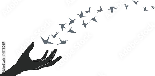 Minimalist Poetic Silhouette: Origami Hand and Flying Paper Cranes