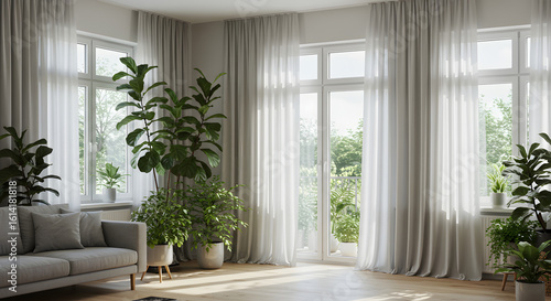 Serene interior featuring natural light  sheer curtains  and lush greenery in a modern living room
