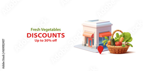Discounts and special offers on vegetables. 3D store building, basket with vegetables. Marketing and advertising of grocery stores. Vector illustration.