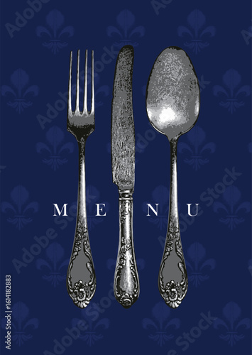 Vector business card banner, cover, logo, label or food and drink menu for restaurant or cafe with cutlery - realistic silver fork, spoon and knife in vintage style. No AI used
