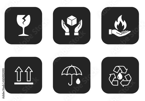 Set of six universal packaging warning symbols for safe transportation and handling of goods illustrating fragility care and environmental considerations