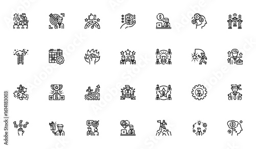 Business motivation icon set. Vector illustration for career growth, leadership, performance, and success. Includes target, speedometer, trophy, brainstorm, finance, and more. Editable stroke.