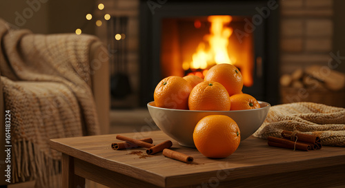 Cozy winter night scene with oranges and cinnamon sticks by the warm fireplace for relaxing