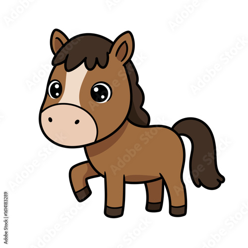 A Charming Cartoon Brown Horse Standing Proudly with its Mane Flowing Gracefully and a Friendly Expression