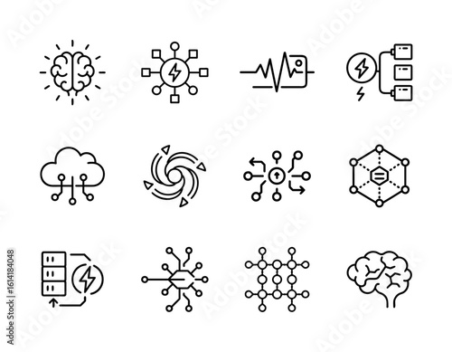 Abstract AI icon collection with digital brain waves, neural lines, tech swirl patterns, and futuristic circuits for modern interface elements