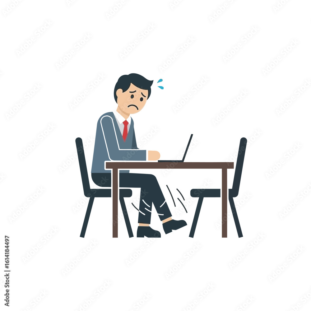Anxious businessman sitting at a desk with a laptop, nervously shaking his leg due to stress or anxiety. Anxious businessman sitting at a desk with a laptop, nervously shaking his leg due to stress or anxiety.