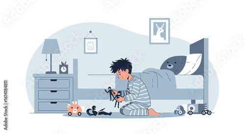 Boy Plays with Action Figures in His Bedroom Simple Cute Cartoon Illustration