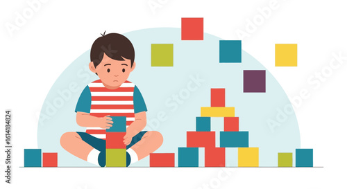 Boy Plays With Colorful Cubes Develops Creative And Logical Skills Child Development