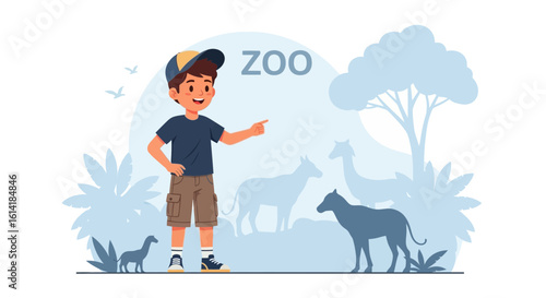 Boy Pointing Shows Exotic Animals In Zoo With Nature Background