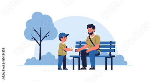 A Little Boy Gives His Father a Paper Airplane on a Park Bench