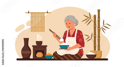 A Traditional Asian Meal Prepared By An Elderly Lady With Chopsticks