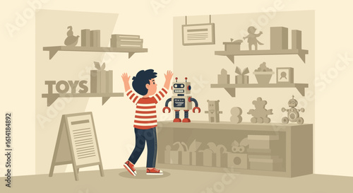 A Child Reaches For A Robot Toy In A Delightful Toy Store Scene