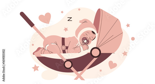 Adorable Infant Blissfully Sleeping Peacefully in Pram with Hearts and Stars Around