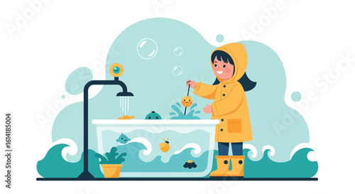 Adorable Little Girl Playing Fishing Game During Bath Time With Rubber Toys