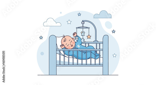 Adorable Newborn Sleeping Peacefully In His Crib Underneath Dreamy Mobile