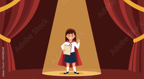 Confident Young Scholar Standing On Stage With A Cape And Document