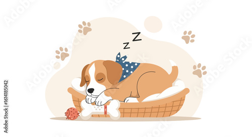 Adorable Puppy Naptime A Blissful Sleep Scene In A Basket With Toys
