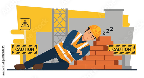Construction Worker Napping On The Job Site With Caution Sign And Crane