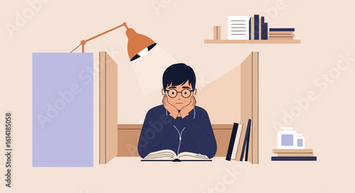 Contemplative Student Engaged In Studying Surrounded By Books And Focused Light